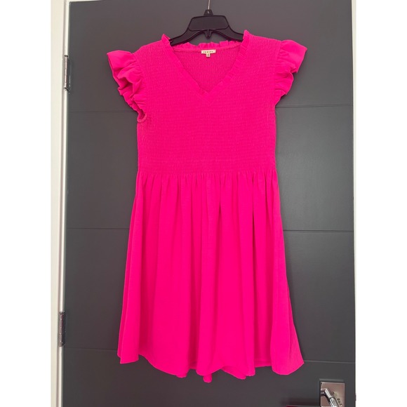 JODIFL Dresses & Skirts - Jodifl Hot Pink Smocked Mini Dress Ruffle Sleeve V-Neck G10265 Womens Medium